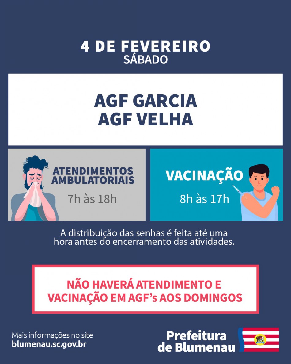No primeiro sábado de fevereiro, dia 4, o atendimento ambulatorial ocorrerá nos AGFs Garcia e Velha